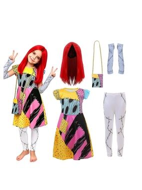 Sally Halloween Costume Dress with Wig,Bag Tights and Gloves 6-7Y